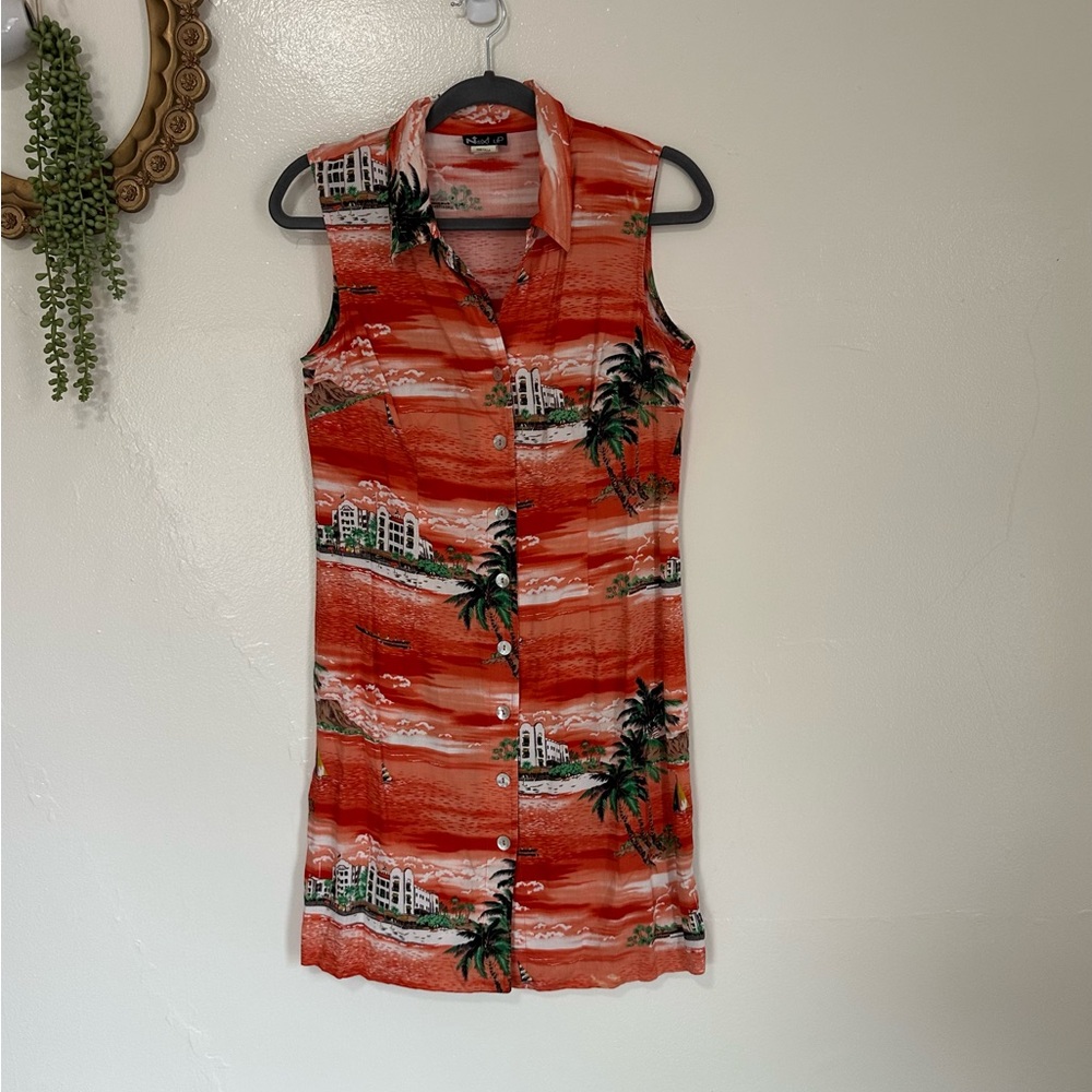 Vintage Next Up Orange Hawaiian Print Button Up Collared Dress, Fits a Small